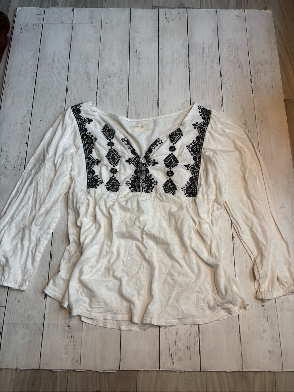 Lucky Brand White Peasant Top with Black Embroidered Yoke